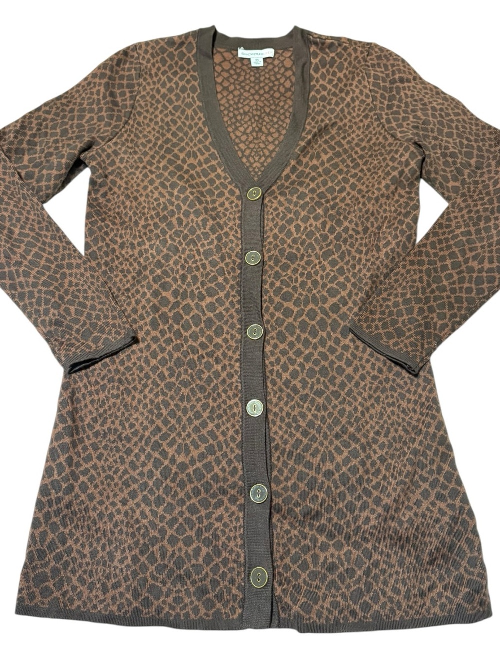 Isaac Mizrahi Live Brown Animal Print Jacquard Long Cardigan Sweater Size XS